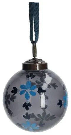 Kerstbal, beschilderd, blauw glas, bloemen, 7 cm