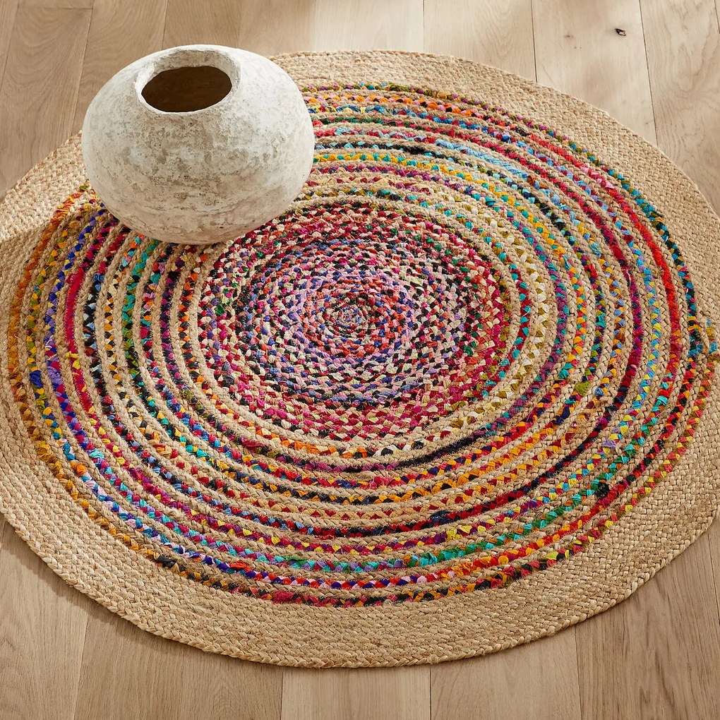 Vloerkleed in jute en recycled katoen Ø120 cm, Jaco