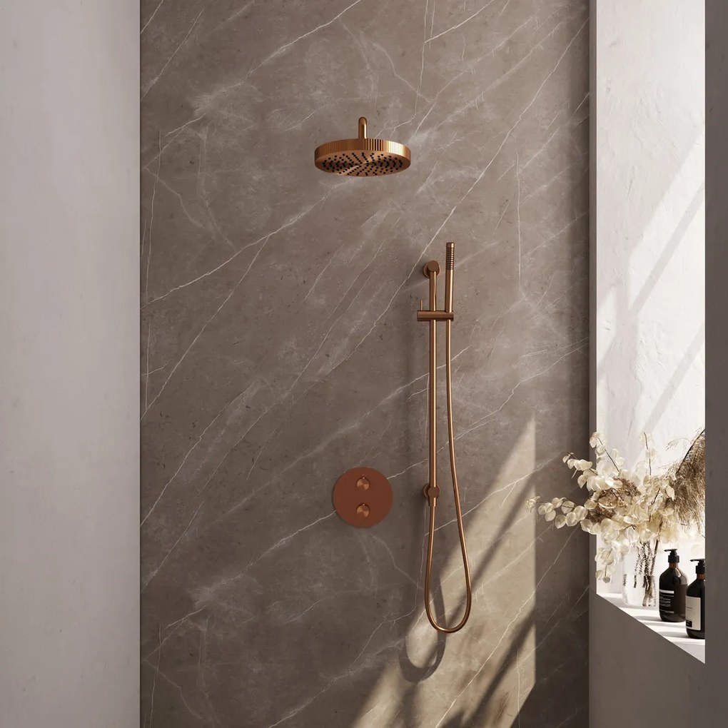 Brauer Stripe inbouw regendouche rond met 25cm hoofddouche, rond met gebogen muurarm, glijstang en staafhanddouche set 44 koper geborsteld PVD