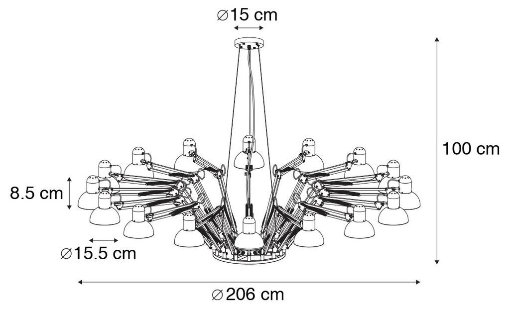 Industriële hanglamp zwart 16-lichts verstelbaar - Hobby Spinne Industriele / Industrie / Industrial E27 rond Binnenverlichting Lamp