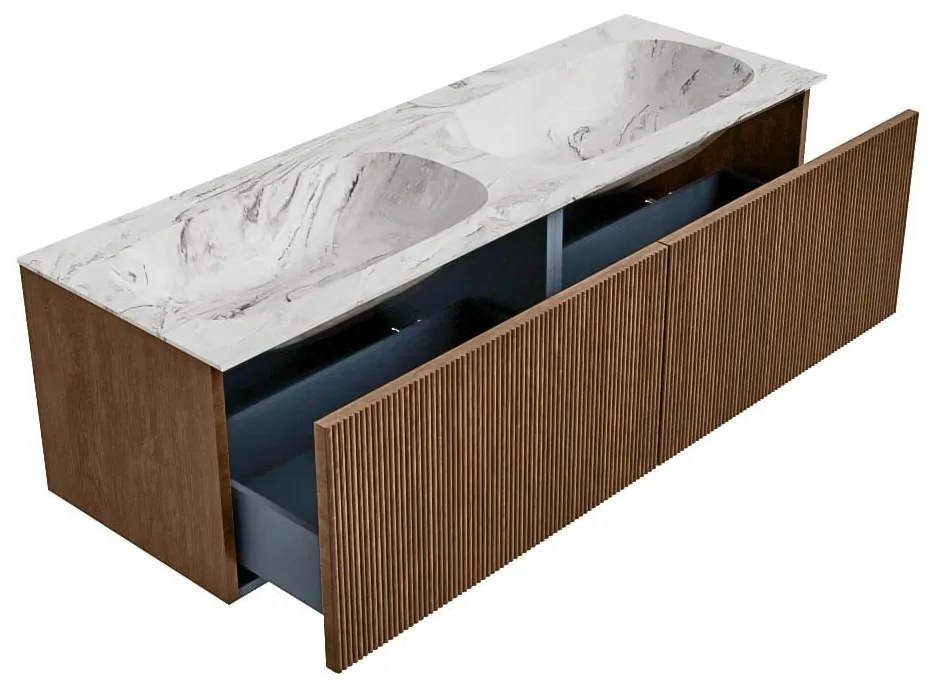 Mondiaz Kurve-dlux 140cm badmeubel walnut met 2 lades en wastafel stor small dubbel zonder kraangat glace