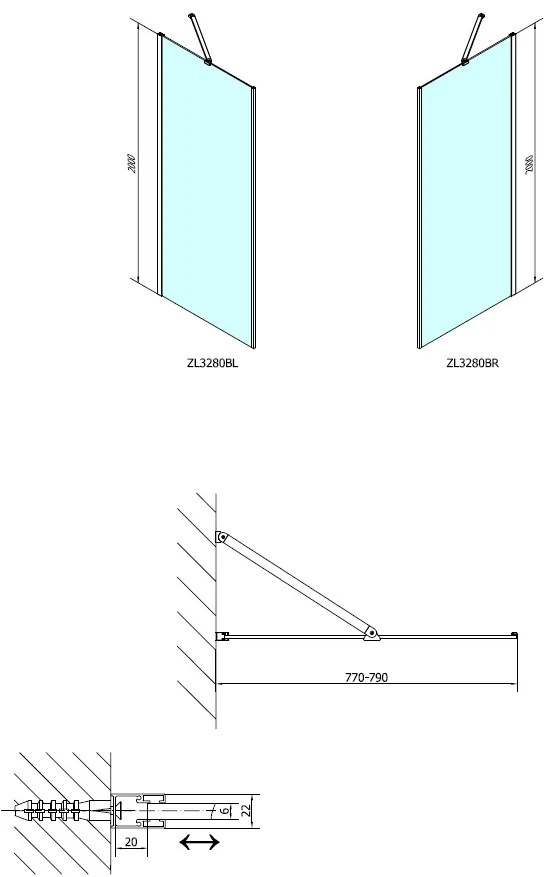 Polysan Zoom Line Black zijwand 80cm antikalk