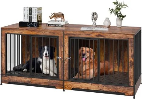 VEVOR Hondenkooi Meubels voor 2 Honden, 1901 x 670 x 824 mm Dubbele Hondenbench voor Grote Hondenrassen met Scheidingswand en Dubbele Deuren, Houten Hondenhok, Bijzettafel voor Middelgrote en Grote Honden, Bruin