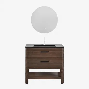 Badkamermeubelset In Hout Met Geïntegreerde Wastafel Misene Donker Hout & Round Led And Antifog Ø70 Cm Riben & Wit ↑20 - Sklum