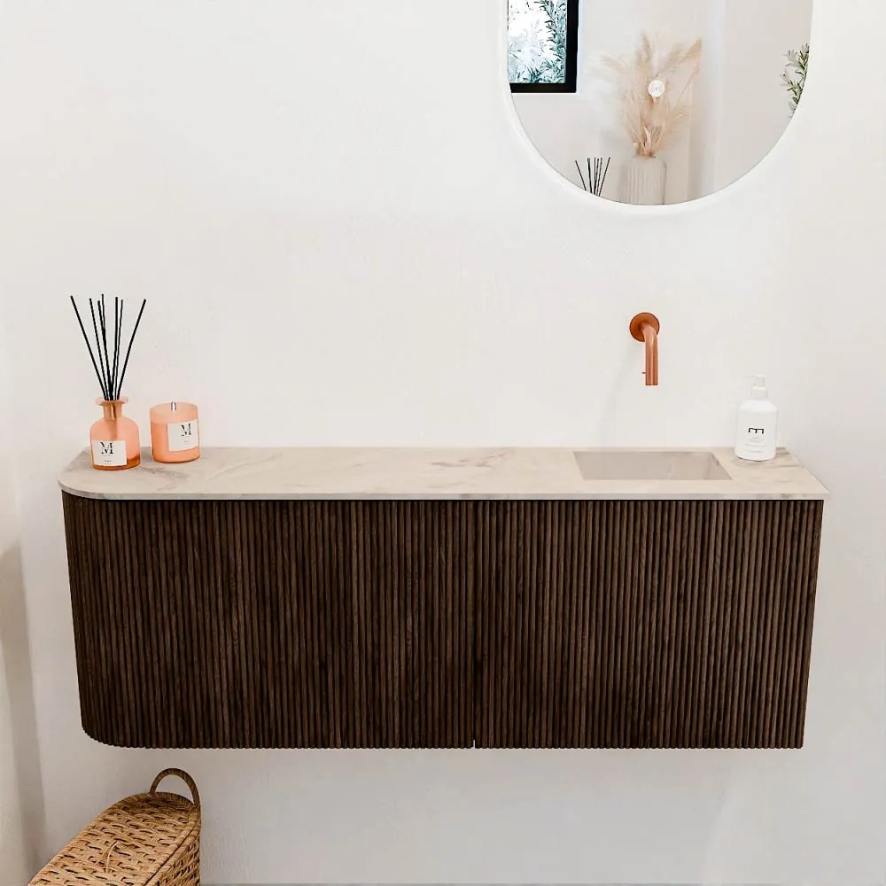 Mondiaz Joya DLux 110cm toiletmeubel ronding links walnut met wastafel faye rechts zonder kraangat frappe