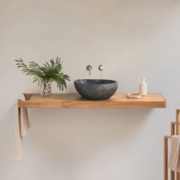 Conjunto Van Meubel 130x45 Cm Hangend In Teakhout Neill Teakhout & Onregelmatige In Zwart Cement ↔︎40 Cm Fedro & - Sklum