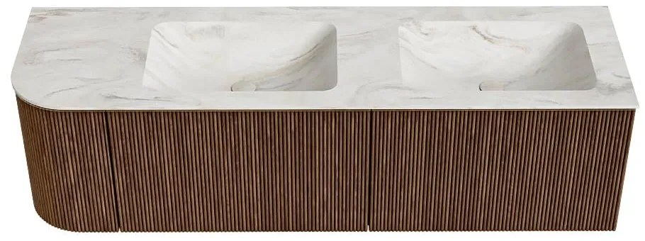 Mondiaz Kurve-dlux 155cm badmeubel ronding links walnut met 2 lades en 1 deur en wastafel leaf dubbel/rechts zonder kraangat ostra