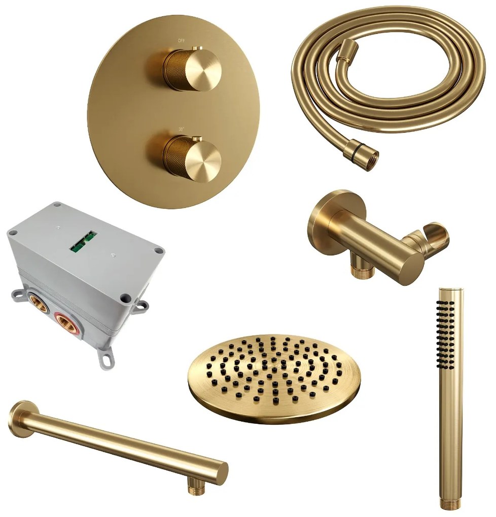 Brauer Gold Carving thermostatische inbouw regendouche met staafhanddouche, rechte muurarm en hoofddouche 20cm set 73 messing geborsteld PVD