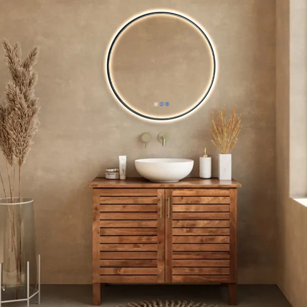 Saniclear Circle Black ronde spiegel met verwarming, direct en indirect licht mat zwart 80cm