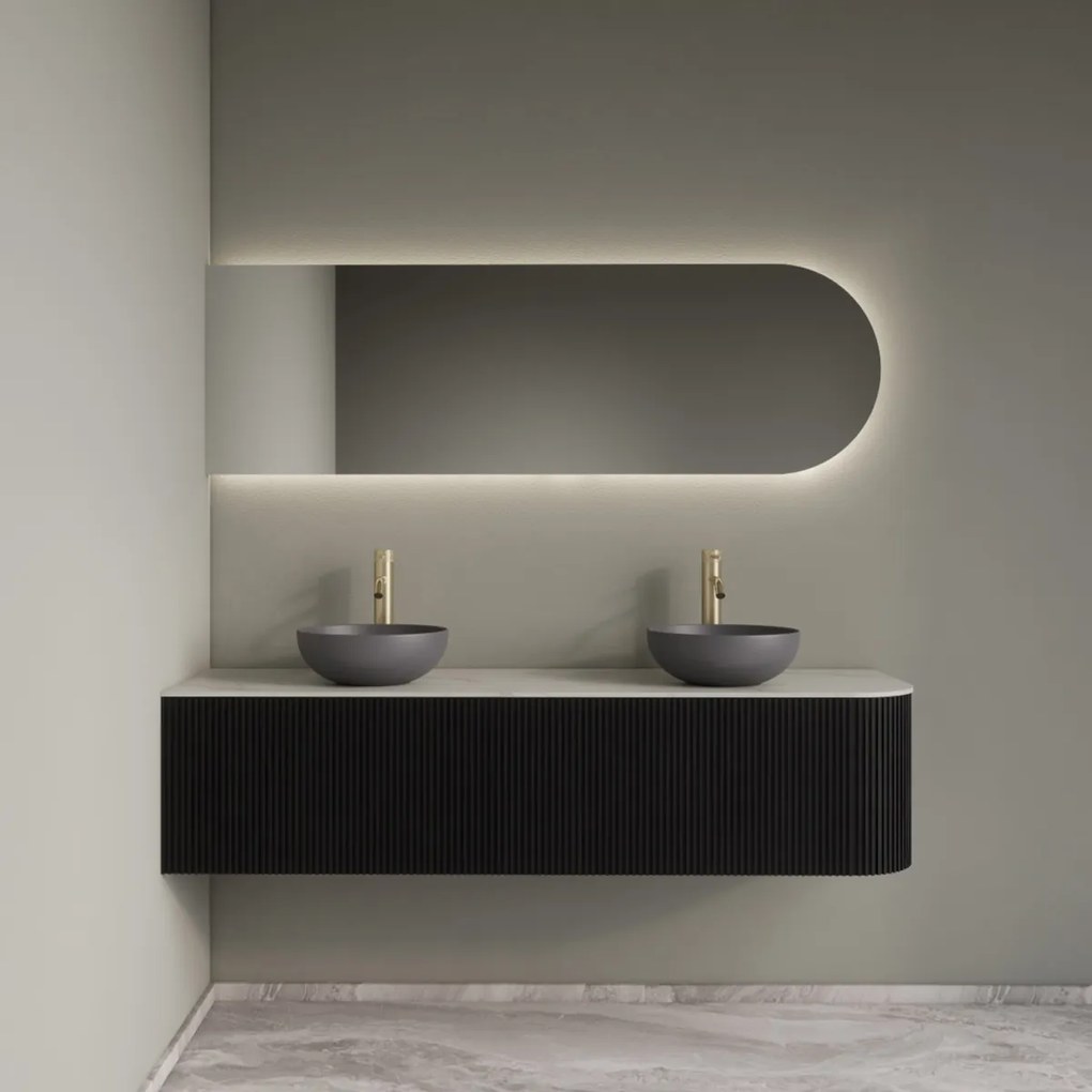 Gliss Design Alluro badmeubel ribbelfront met ronding rechts 160cm black en wit marmer toppaneel