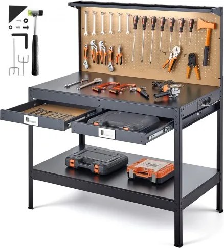 VEVOR Werkbank met geperforeerd paneel, werktafel met een draagvermogen van 110 kg, inclusief 2 planken, 2 lades, ledverlichting en geïntegreerde stekkerdoos met USB-aansluiting, multifunctionele tafel met gereedschapswand voor doe-het-zelfprojecten.