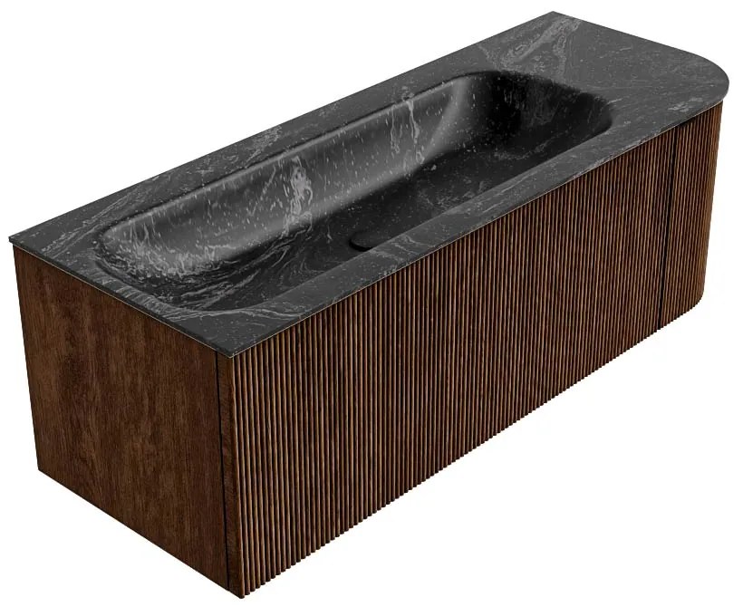 Mondiaz Kurve-dlux 125cm badmeubel ronding rechts walnut met 1 lade en deur en wastafel big medium kraangat links lava