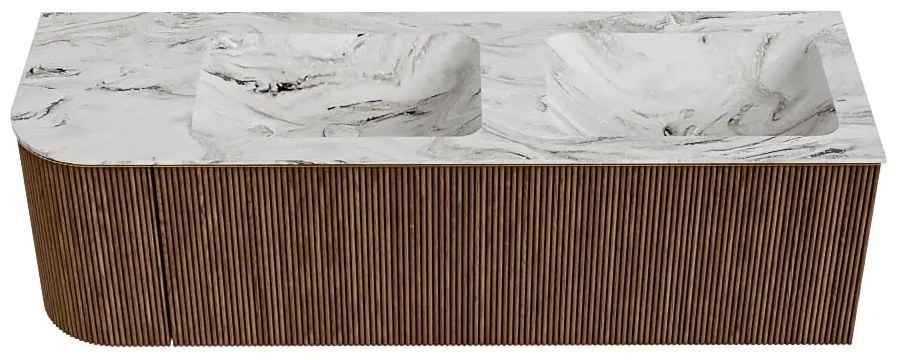 Mondiaz Kurve-dlux 145cm badmeubel ronding links walnut met 1 lade en deur en wastafel leaf dubbel/rechts 2 kraangaten glace
