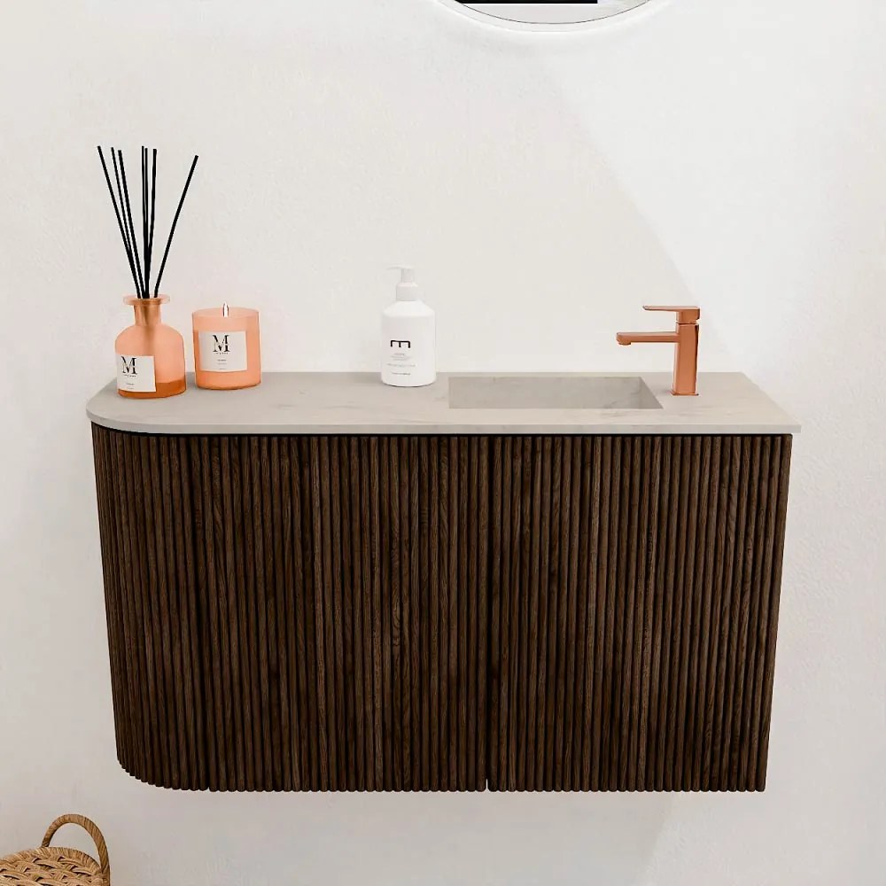 Mondiaz Joya DLux 70cm toiletmeubel ronding links walnut met wastafel faye rechts 1 kraangat opalo