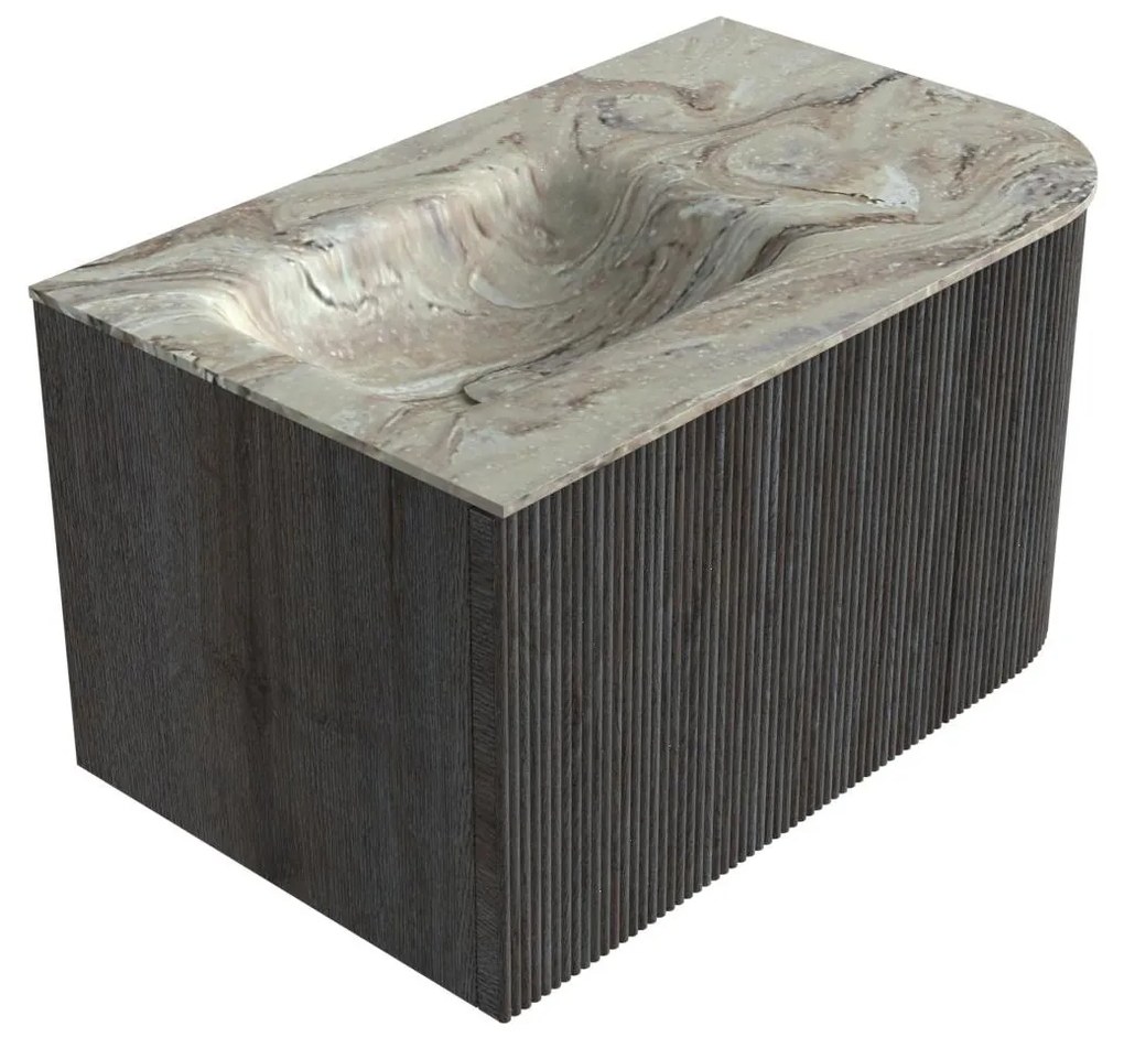 Mondiaz Kurve-dlux 75cm badmeubel ronding rechts shadow met 1 lade en deur en wastafel grunne links zonder kraangat glace