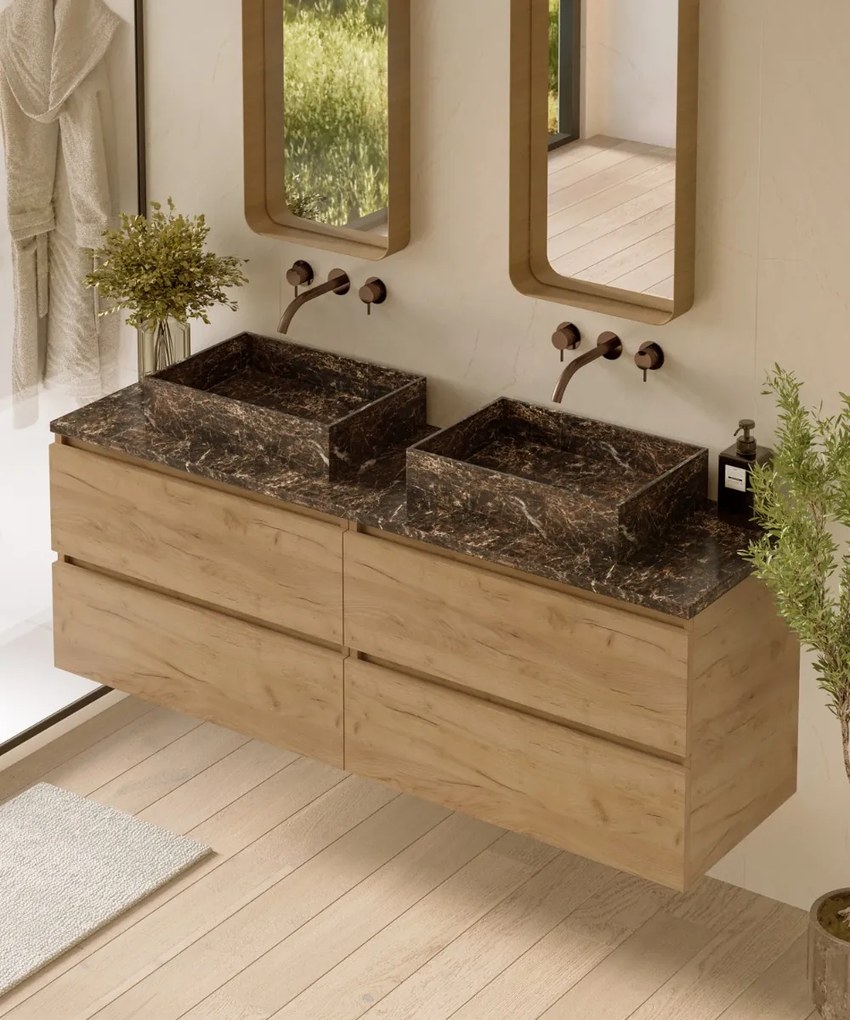Fontana Dark Emperador badmeubel 160cm warm eiken met rechthoekige waskommen en toppaneel