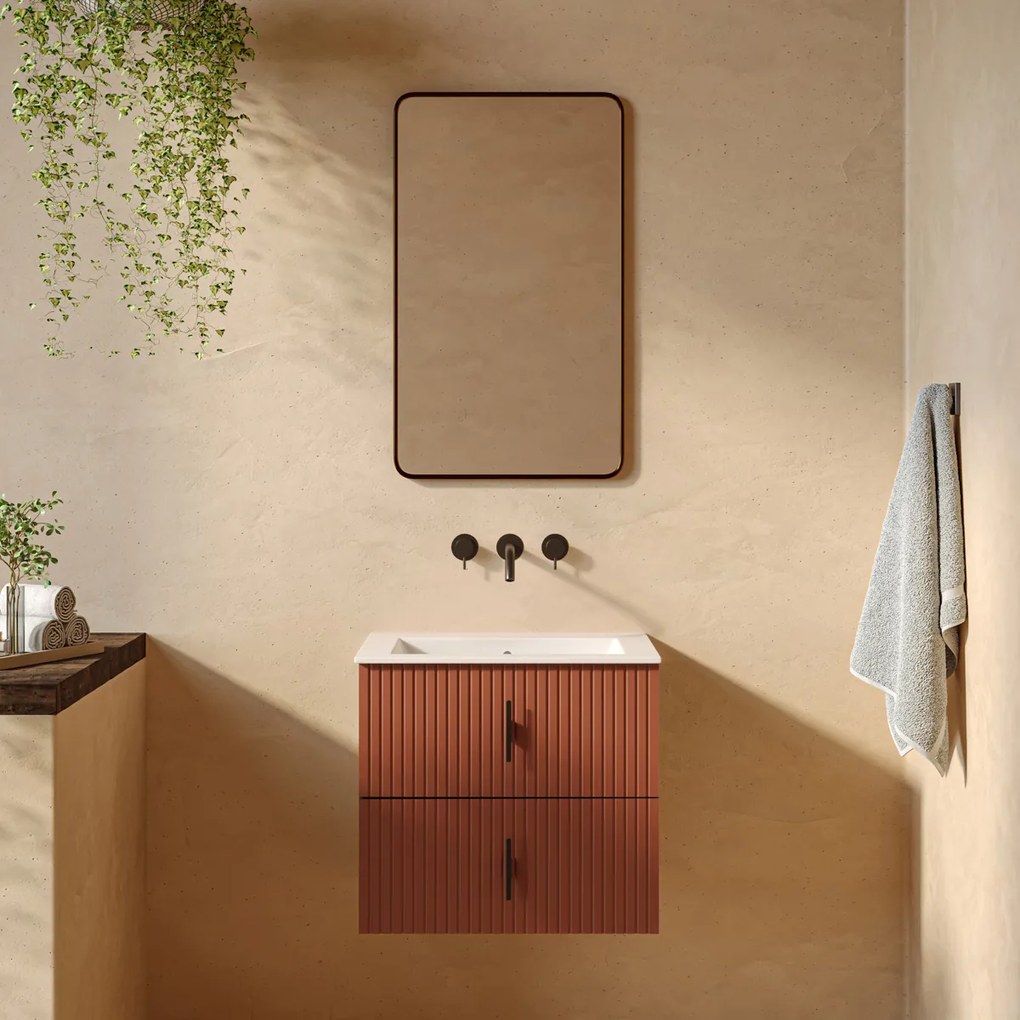 Muebles Marbella badmeubel ribbelfront 60cm terracotta met witte wastafel zonder kraangat
