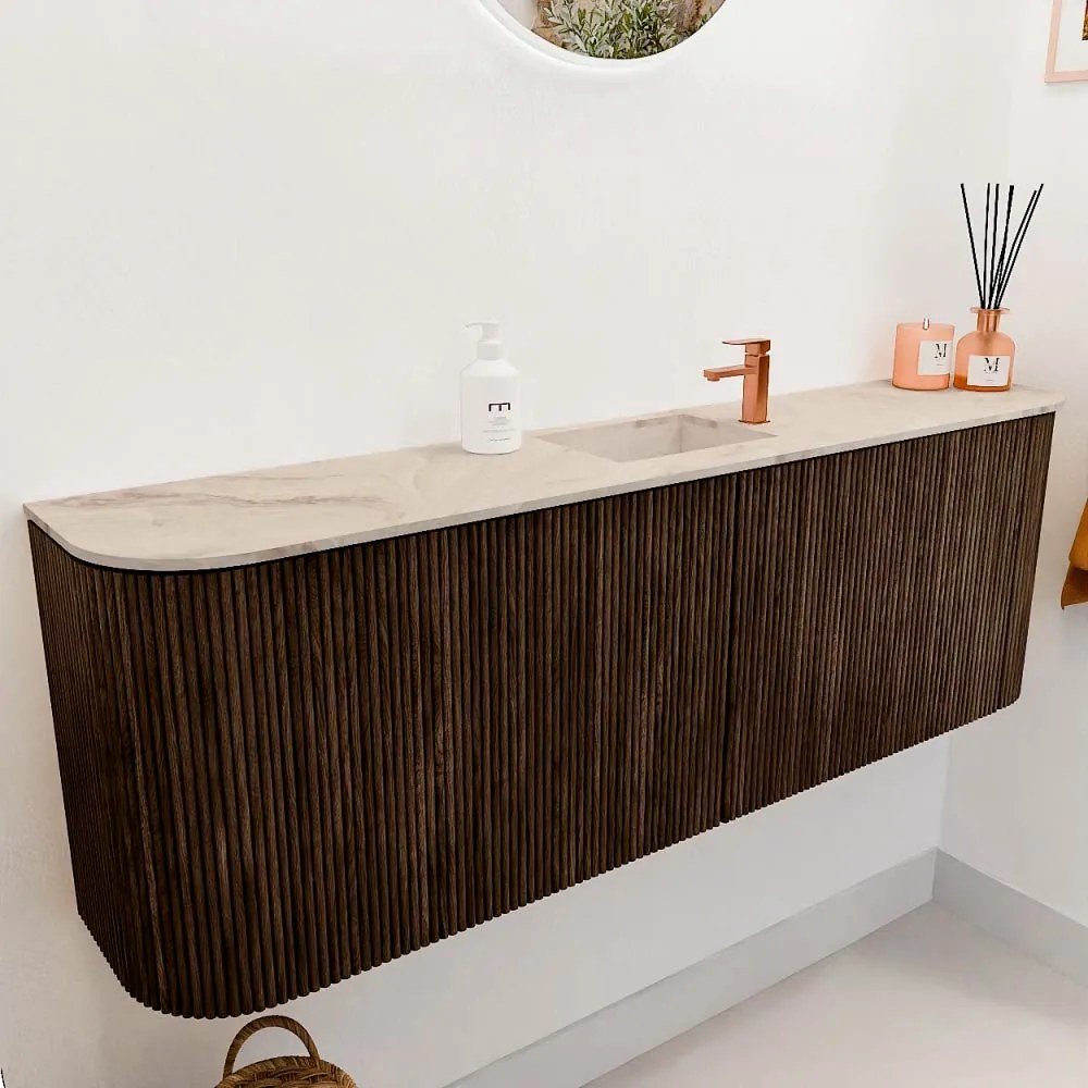 Mondiaz Joya DLux 125cm toiletmeubel ronding links/rechts walnut met wastafel faye midden 1 kraangat frappe