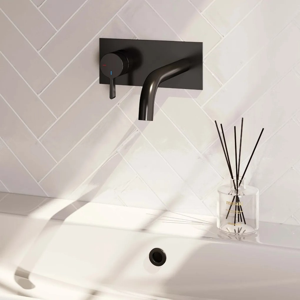 Brauer Black Edition ColdStart wastafelkraan inbouw gebogen uitloop met achterplaat model E2 zwart mat