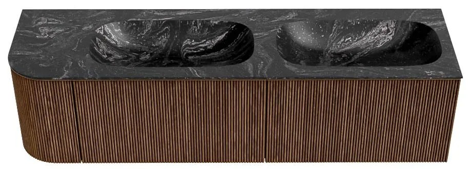 Mondiaz Kurve-dlux 165cm badmeubel ronding links walnut met 2 lades en 1 deur en wastafel stor small dubbel/rechts 2 kraangaten lava