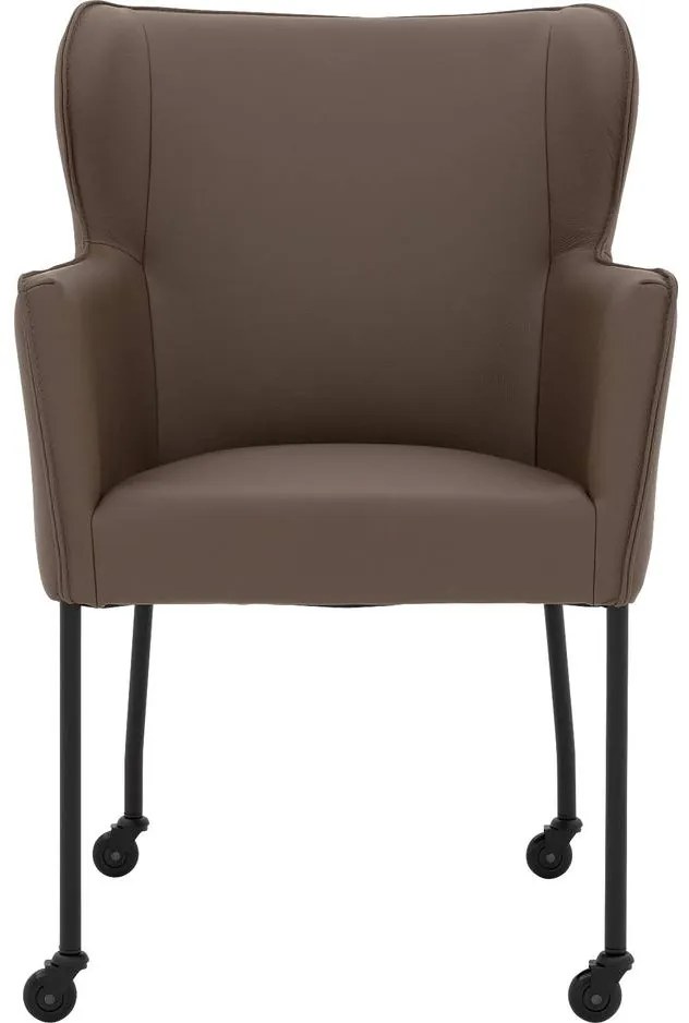 Goossens Excellent Eetkamerstoel Leogang bruin leer met armleuning en Zwart skater wiel met zwarte kapmet wielen, elegant chic