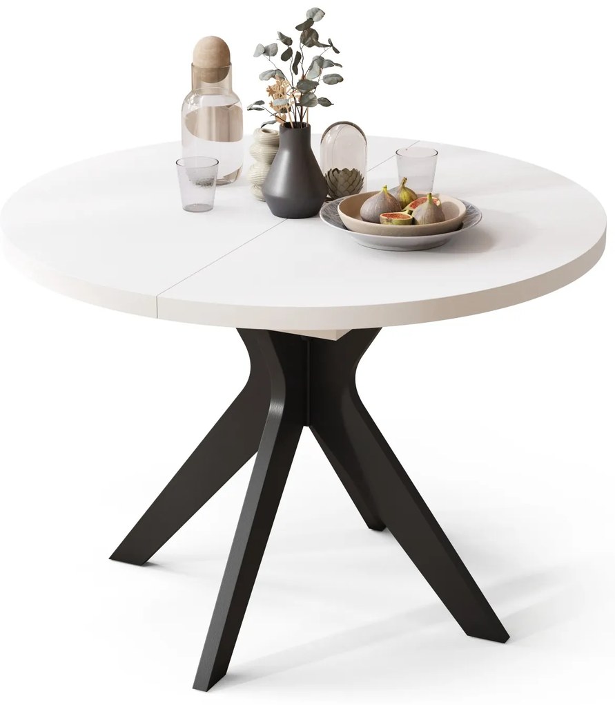 RENZO Wit/zwarte poot - RONDE TAFEL Ø110 UITKLAPBAAR TOT 180 cm | VOOR DE KEUKEN EETKAMER WOONKAMER RETRO