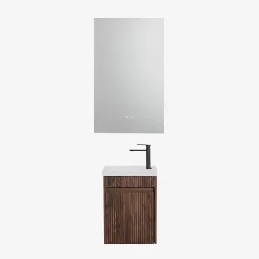 Narek Zwevend Houten Badkamermeubelset Met Geïntegreerde Wastafel Rectangular Led And Antifog 55x90 Cm Riben & Donker Hout & Mat Zwart ↑20 Cm Met Afta