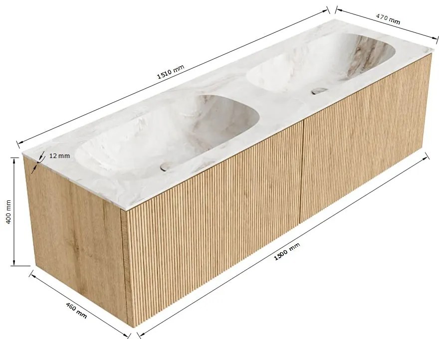 Mondiaz Kurve-dlux 150cm badmeubel oak met 2 lades en wastafel stor small dubbel 2 kraangaten ostra