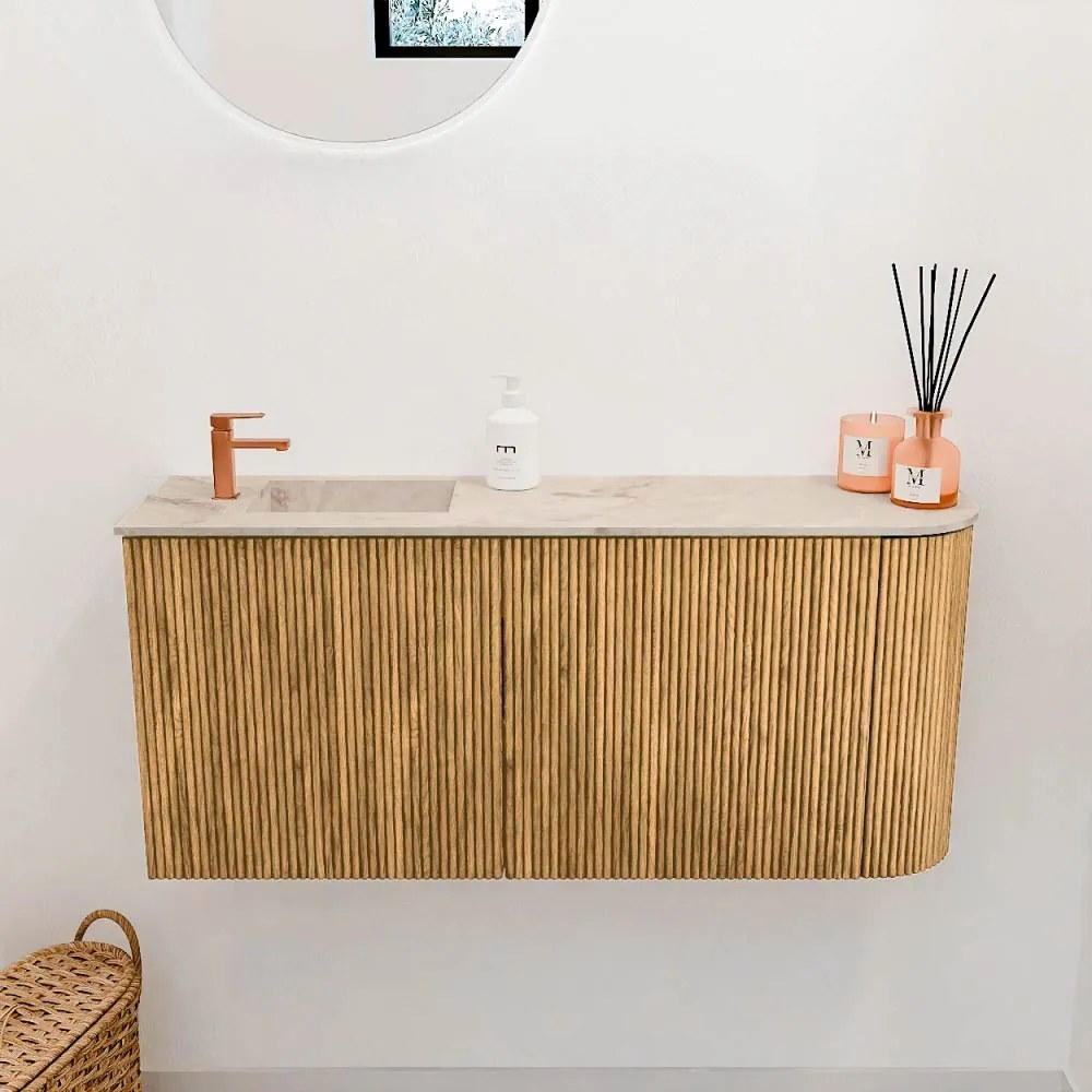 Mondiaz Joya DLux 90cm toiletmeubel ronding rechts oak met wastafel faye links 1 kraangat frappe
