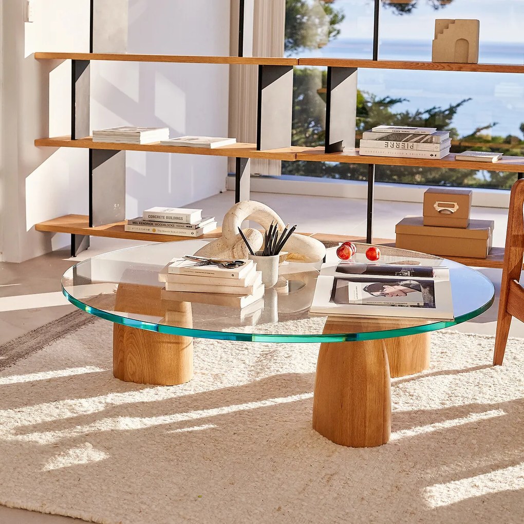 Ronde salontafel met drie poten in eik en glas, Clay