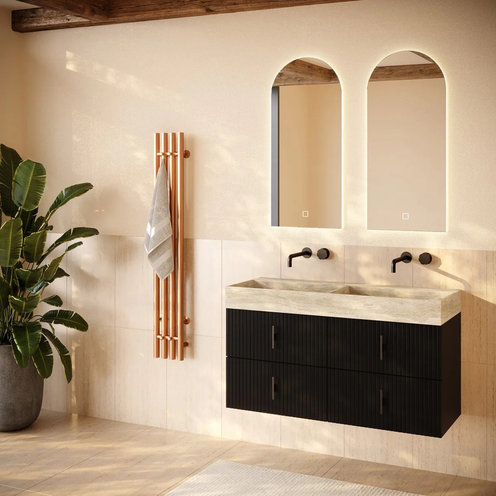 Muebles Murcia badmeubel ribbelfront 120cm zwart mat met White Travertin wastafel zonder kraangaten