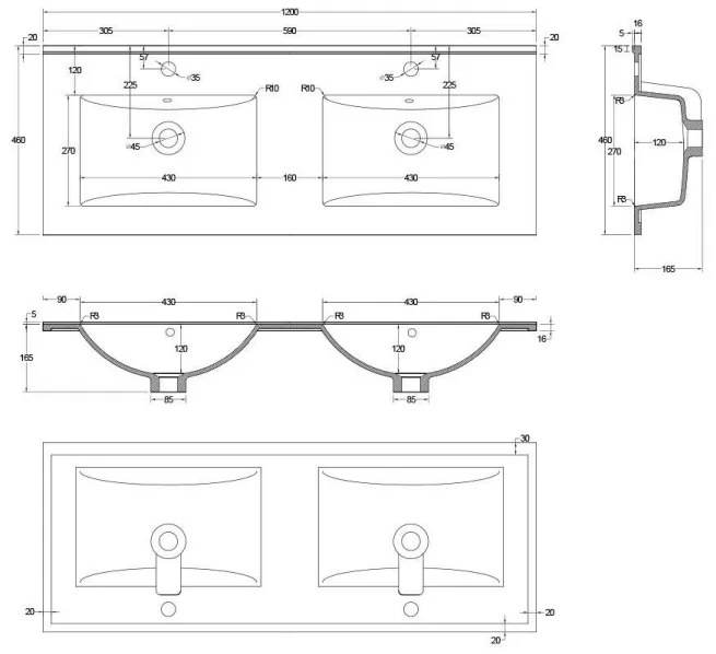 SaniGoods Hayat keramische dubbele wastafel met 2 kraangaten 120x45cm wit