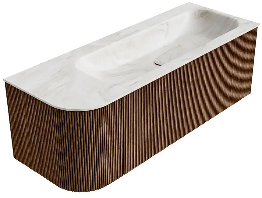 Mondiaz Kurve-dlux 125cm badmeubel ronding links walnut met 1 lade en deur en wastafel big medium kraangat rechts ostra