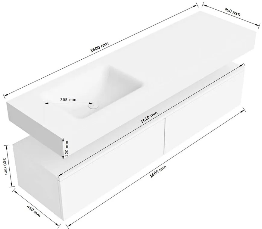 Zaro Alan badmeubel 160cm sand 2 lades met vrijhangende wastafel cloud links 1 kraangat talc