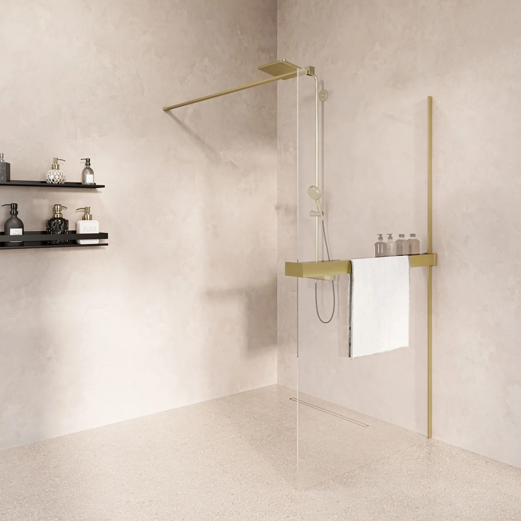 Saniclear Metric inloopdouche 80cm met handdoekhouder en helder glas geborsteld messing - mat goud