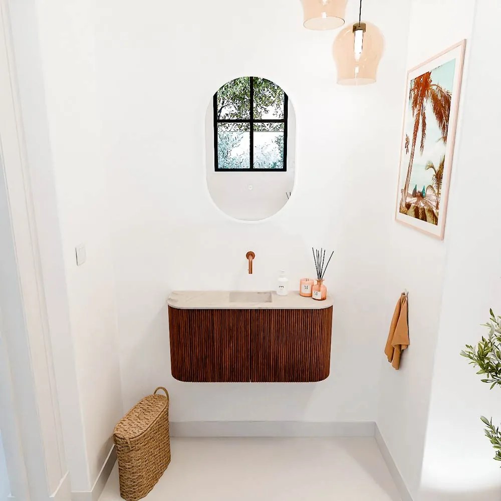 Mondiaz Joya DLux 85cm toiletmeubel ronding links/rechts ruby met wastafel faye midden zonder kraangat frappe