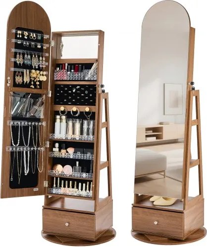 VEVOR 360° draaibare sieradenkast (1655 mm hoog) met spiegel over de volledige lengte en opbergruimte, sieradenkastorganizer met 2 sleutels, accessoirevakken, planken en lades, sieradenopbergruimte