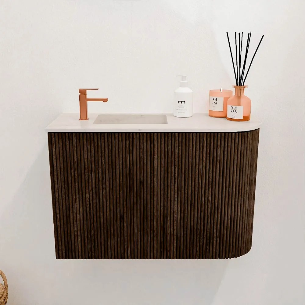 Mondiaz Joya DLux 60cm toiletmeubel ronding rechts walnut met wastafel faye links 1 kraangat meli