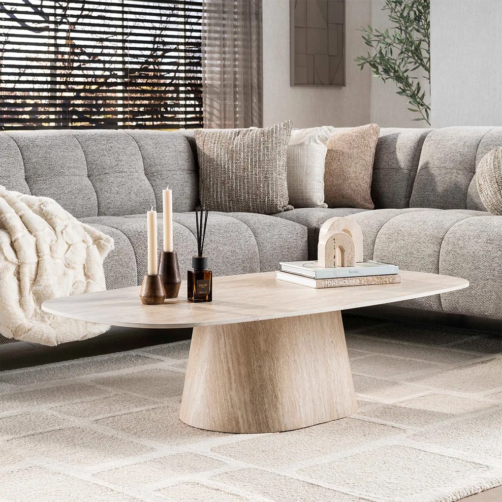 Ovale Salontafel Travertin - 135 X 70cm.