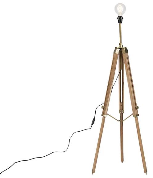 Landelijke vloerlamp tripod hout met antiek messing - Cortin Landelijk / Rustiek Binnenverlichting Lamp