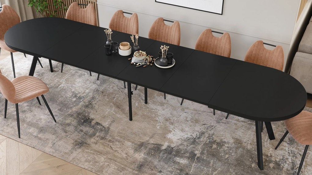Mazzoni EXPANSO Zwart mat / zwarte poten - OVALE UITSCHUIFTAFEL 160-360 cm VOOR 16-18 PERSONEN