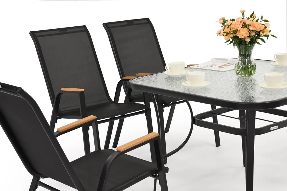 Modena/Bitonto Wood zwarte tuintafel voor 6 personen met Garden Point vierkante tafel