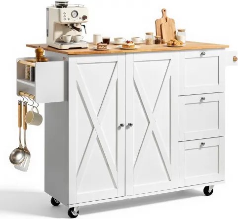 VEVOR Serveerwagen Keukentrolley 1430 x 680 x 990 mm, Draagvermogen 136 kg Keukeneiland Keukenkast, Rolwagen Keukentrolley met handdoekhouder en 2 lades, Magnetronkast Keukentrolley Massief hout