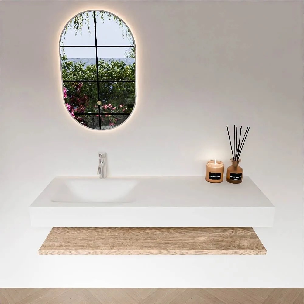 Zaro Alan badmeubel 130cm met planchet washed oak en vrijhangende wastafel cloud links 1 kraangat talc