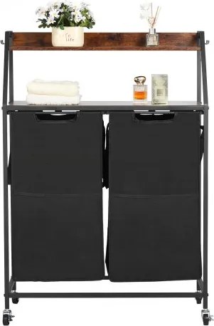 VEVOR Wasmand Wassorteerder met 2 compartimenten (600D Oxford-stof) en houten tafelblad, wasverzamelaar op wielen met ladderplanken, wasscheider Wassorteersysteem voor vuile was