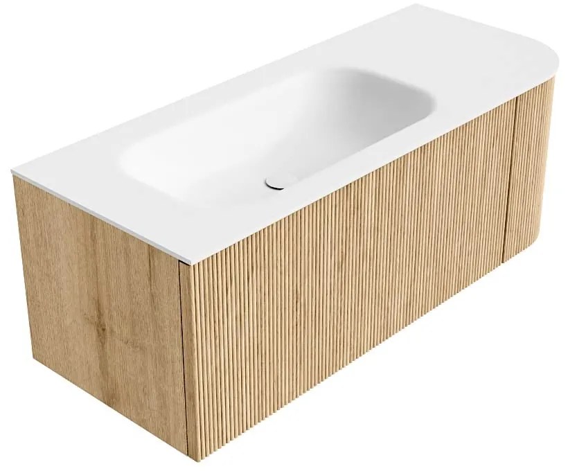 Mondiaz Kurve 115cm badmeubel ronding rechts oak met 1 lade en deur en wastafel big small kraangat links