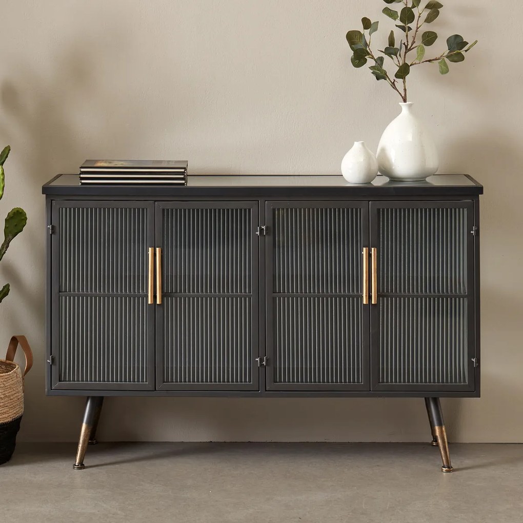 Dressoir Zwart Met Ribbelglas - 120x35x75cm.
