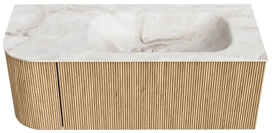 Mondiaz Kurve-dlux 115cm badmeubel ronding links oak met 1 lade en deur en wastafel big small rechts zonder kraangat frappe