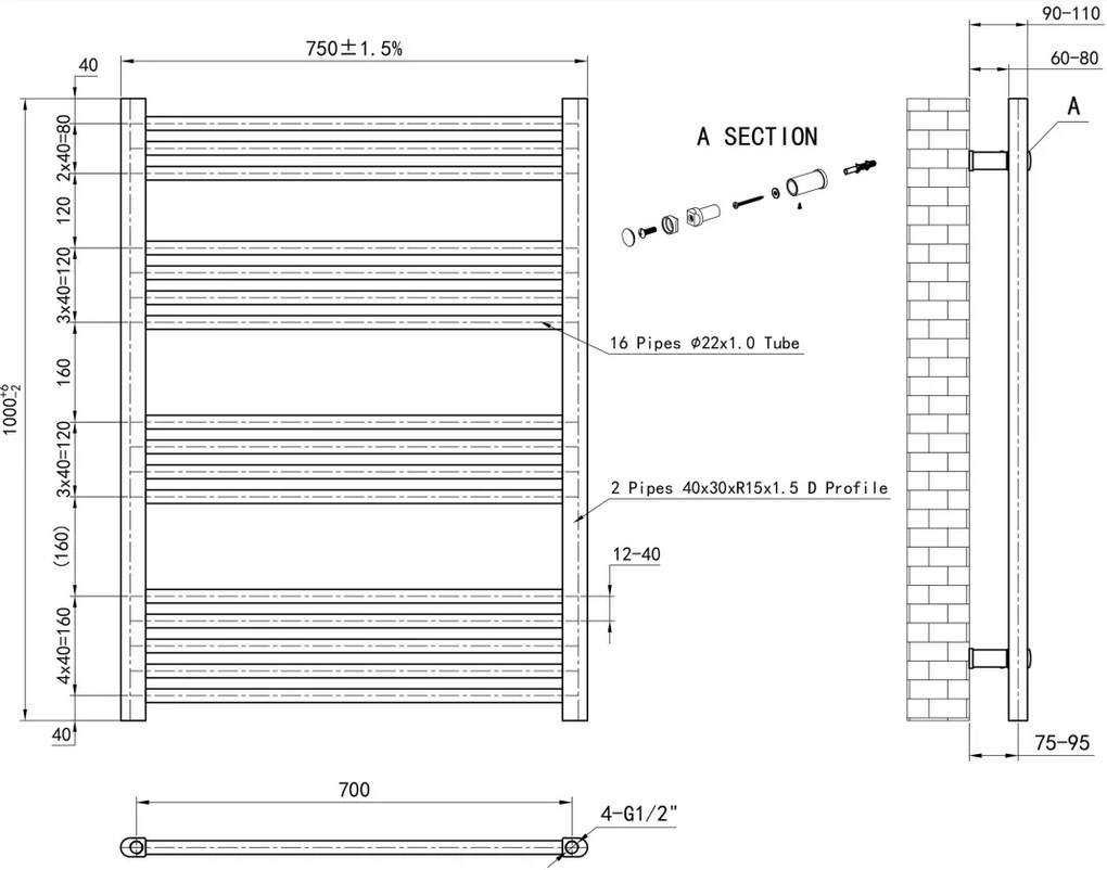 Eastbrook Wendover handdoekradiator 75x100cm 643W antraciet mat