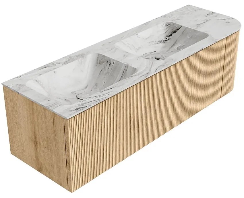 Mondiaz Kurve-dlux 145cm badmeubel ronding rechts oak met 1 lade en deur en wastafel leaf dubbel/links zonder kraangat glace